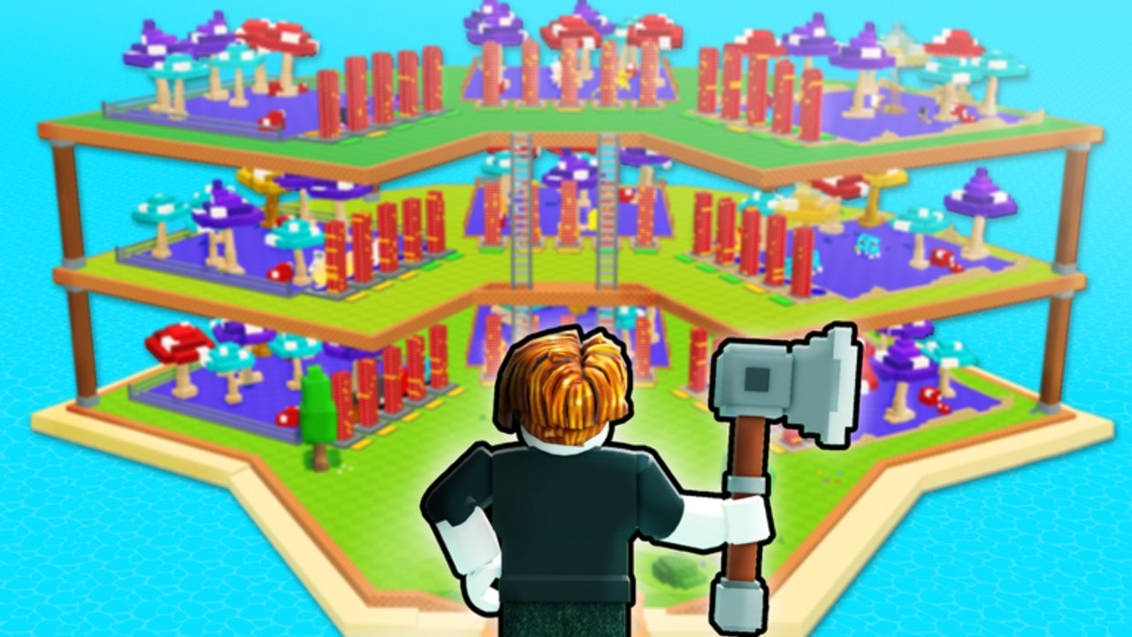 Three-story My Timber Pets wood empire with mushroom trees, log stacks, and a player holding an axe